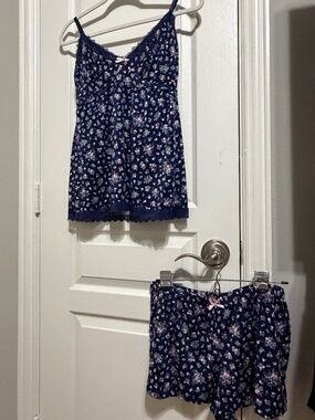 Laura Ashley Floral Lace Trim Cami Pajama Set Navy Pink L